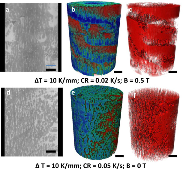 Tomographic images of Al–15Cu alloy microstructures with and without the application of magnetic field.