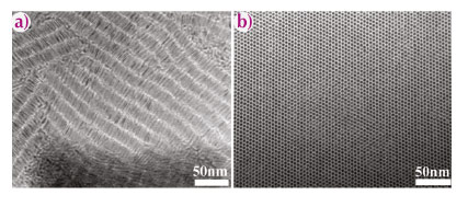 Bright-field TEM images of the final self-assembled structures for the case of: (a) short NRs and (b) long NRs