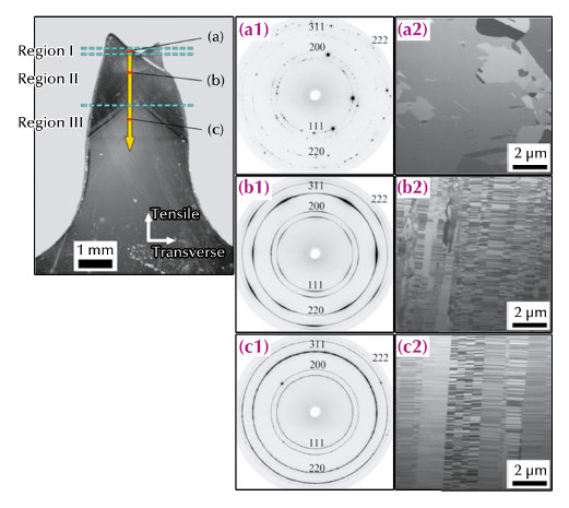 Nanotwinned Cu gauge section (one half is shown) tensile tested at 77 K and XRD patterns.