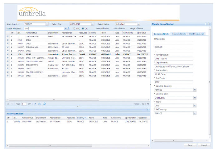 Graphical user interface - affiliation database