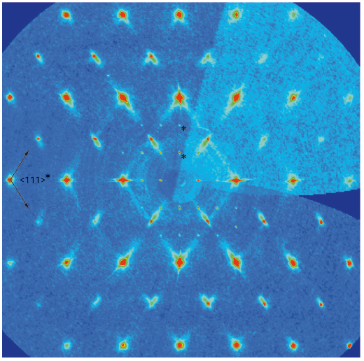 Reciprocal lattice section (hhl) from a crystal of Ge~5Sb2(Te0.13Se0.87)~8