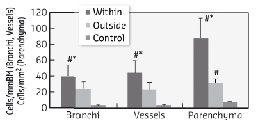 Eosinophil cellular densities in airway wall, vessel wall and parenchyma, within and outside the ventilation defects, defined based on the regional concentration of Xe