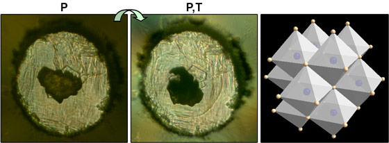 FeMg pressed pellet in a nitrogen pressure medium before and after laser heating at 23 GPa to 2500 K, and sketch of the crystal structure.