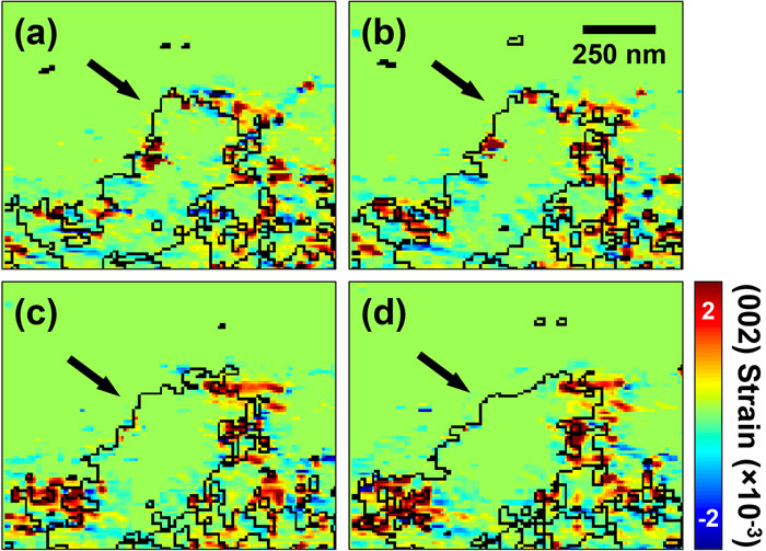 A series of 2D cuts (20 nm separation along x) through the reconstructed phase from the (002) fundamental reflection