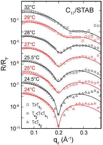 X-ray reflectivity curves of the interface between a liquid bulk of 17-carbon long alkane and a 0.16 mM concentration solution of the ionic surfactant in water.