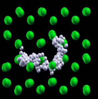 Illustration of superionic ammonia simulated with ab initio calculations at 70 GPa and 850 K.
