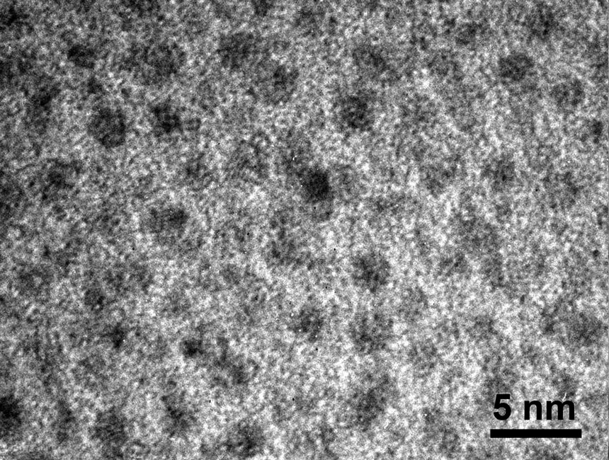 TEM image of Rh clusters implanted in an alumina matrix