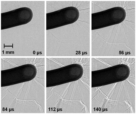 Crack propagation in a glass plate initiated by an accelerated bolt