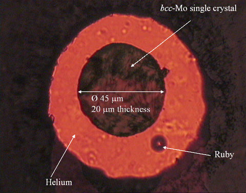 A small molybednum single crystal loaded in the helium pressure medium.