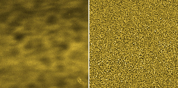 Speckle image recorded at 2.5 cm from the sample (colloidal dispersion of silica particles, diameter 500 nm) and image obtained by subtracting two images separated in time by a delay equal to 2 s.